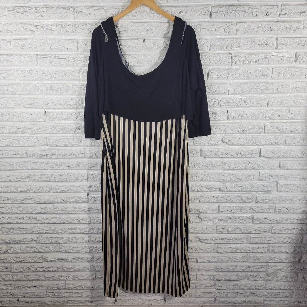 Ashley Stewart Dress 22/24 Black Striped Midi Cold Shoulder 3/4 Sleeve STR92E